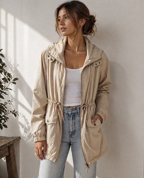 Buckle Jackets & Blazers - BKE Beige Utility Jacket Hooded Cinch Waist Lightweight Safari Coat Women XL